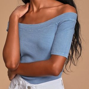 Washed Denim Blue Ribbed Off Shoulder Top